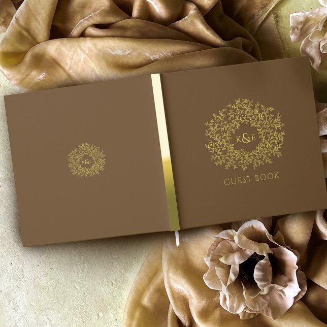 Fall brown gold leaf monogram wedding guest book (Creator Uploaded)