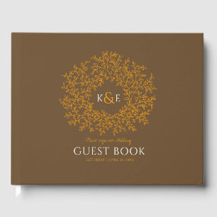 Fall brown off white orange leaf monogram wedding guest book