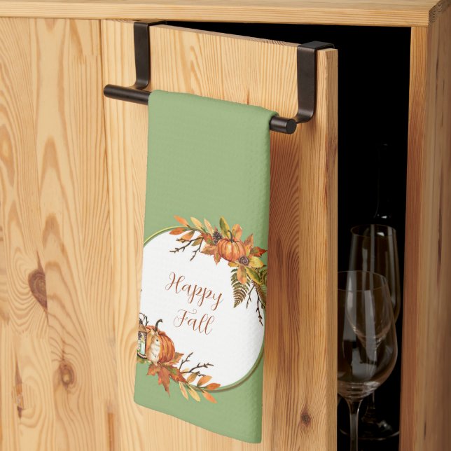 Fall bunny and pumpkins with customisable text  tea towel (Thirds Fold)