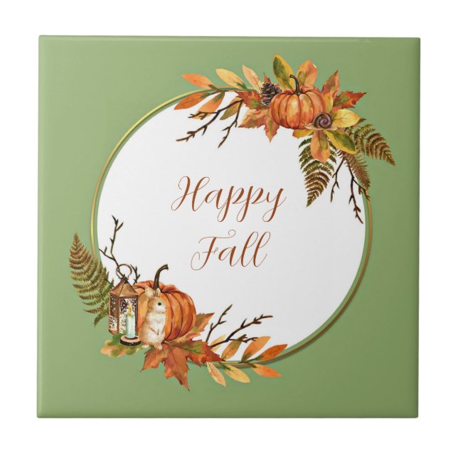 Fall bunny and pumpkins with customisable text  tile (Front)