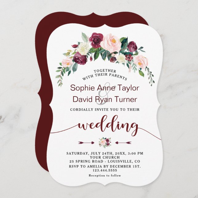 Fall Burgundy Blush Floral Handwriting Wedding Invitation (Front/Back)