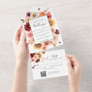 Fall Burgundy Blush QR RSVP Gold Floral Wedding All In One Invitation