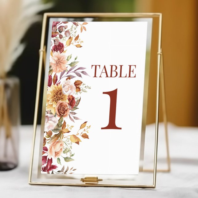 Fall Burgundy Brown Beige Floral Flower Wedding Table Number (Creator Uploaded)