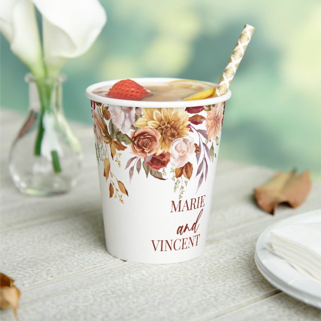 Fall Burgundy Brown Floral Flower Wedding Paper Cups (Insitu)