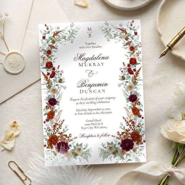 Fall Burgundy & Burnt Orange Rust Florals Wedding Invitation (Creator Uploaded)