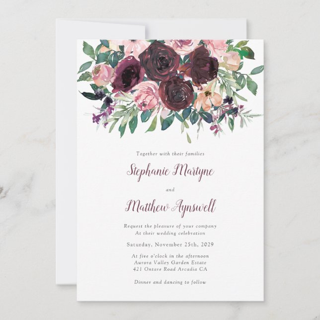Fall Burgundy Dusty Blush Peach Botanical Wedding Invitation (Front)