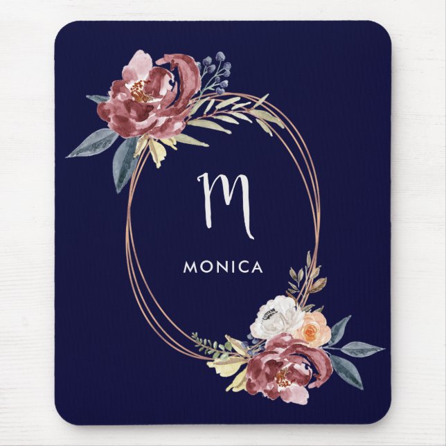 Fall Burgundy Floral and Rose Gold | Navy Monogram Mouse Pad (Front)
