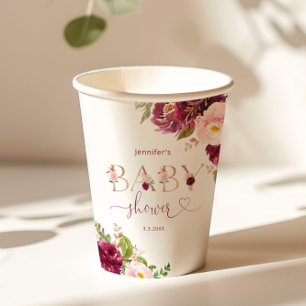 Fall burgundy floral baby shower paper cups