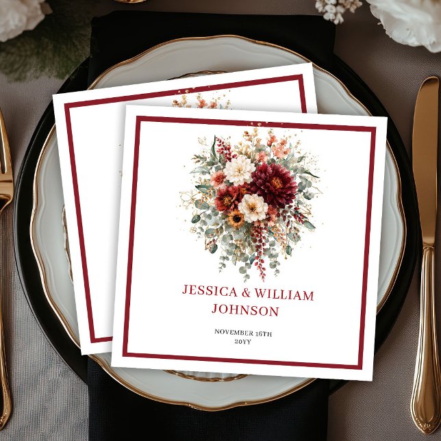 Fall Burgundy Floral Boho Greenery Wedding Napkins (Fall Burgundy Floral Boho Greenery Wedding Napkins

)