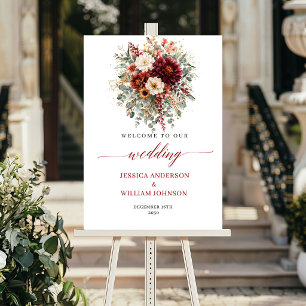 Fall Burgundy Floral Boho Greenery Wedding Welcome Poster