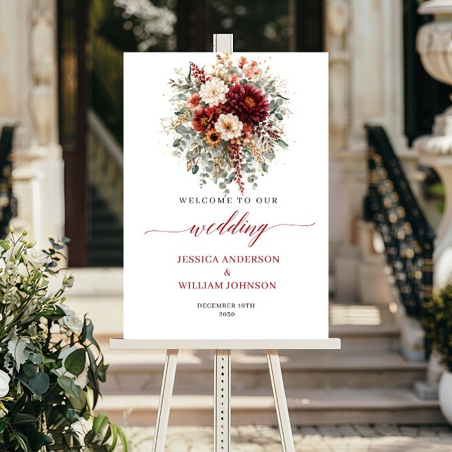 Fall Burgundy Floral Boho Greenery Wedding Welcome Poster (Fall Burgundy Floral Boho Greenery Wedding Welcome Sign

)