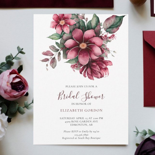 Fall Burgundy Floral Bridal Shower Watercolor  Invitation (Creator Uploaded)