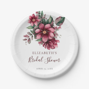 Fall Burgundy Floral Bridal Shower Watercolor Paper Plate