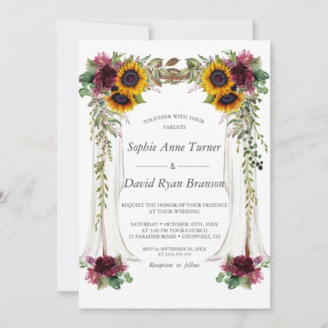 Fall Burgundy Floral Canopy Sunflowers Wedding Invitation (Front)