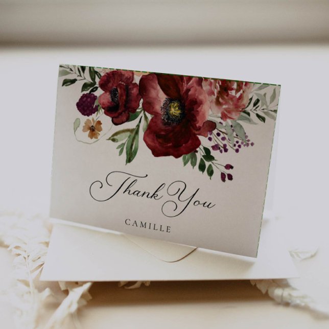 Fall Burgundy Floral Folded Thank You Card (Creator Uploaded)