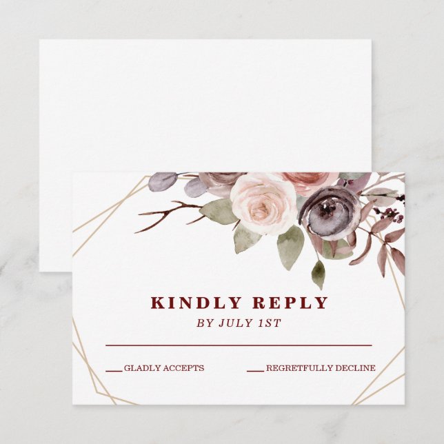 Fall Burgundy floral geometric frame wedding RSVP Card (Front/Back)