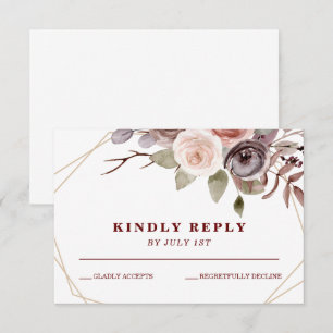 Fall Burgundy floral geometric frame wedding RSVP Card
