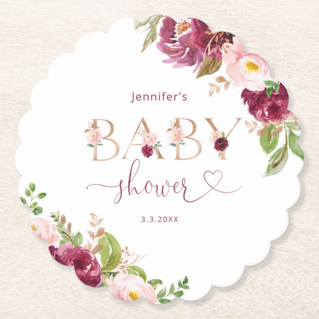 Fall burgundy floral gold foil baby shower paper coaster (Front)