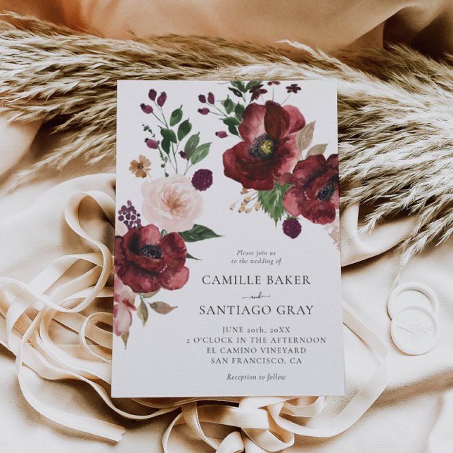 Fall Burgundy Floral Photo Wedding Invitation (Creator Uploaded)