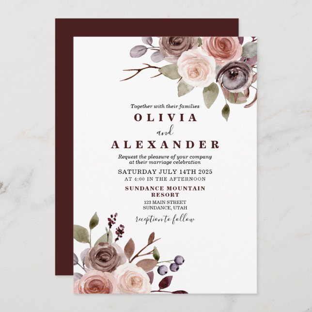Fall Burgundy floral wedding Invitation (Front/Back)