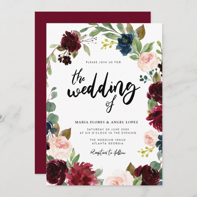 Fall burgundy floral wedding invitation (Front/Back)
