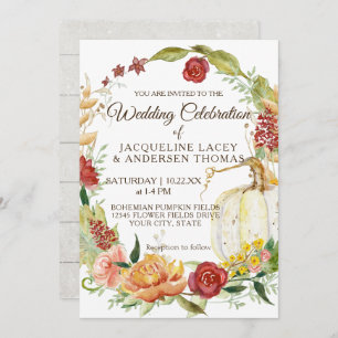 Fall Burgundy Floral White Pumpkin Wreath Wedding Invitation