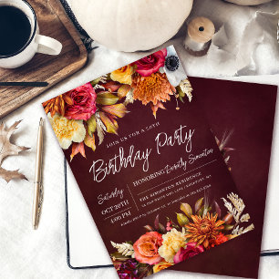 Fall Burgundy Flowers Chic Script 30th Birthday Invitation