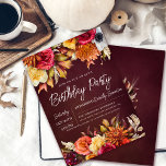 Fall Burgundy Flowers Chic Script 90th Birthday Invitation<br><div class="desc">Beautiful fall flowers create lush upper and lower floral borders. Red roses,  terracotta flowers and white peonies blend with green leaves and foliage. The flowers and white modern script pop against the burgundy red background. This item is part of the Burgundy Fall Flowers collection.</div>