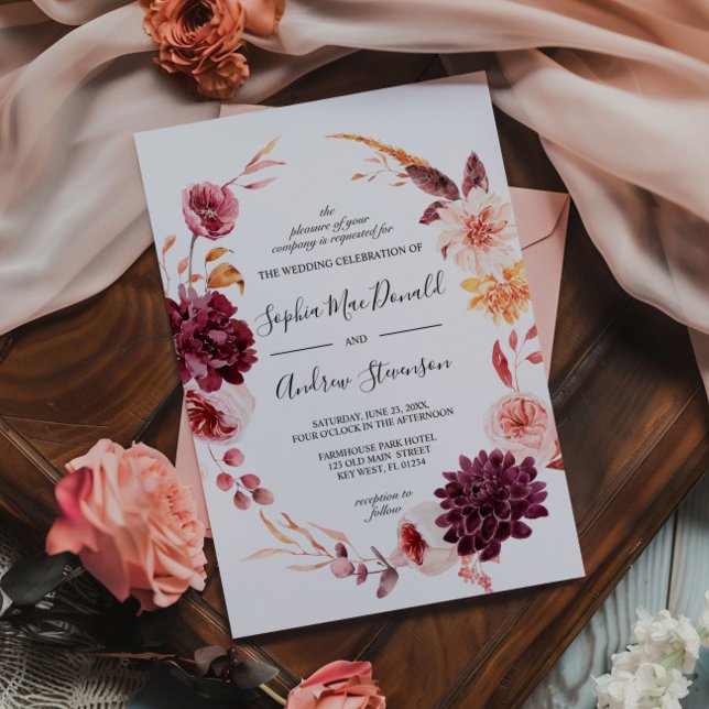 Fall Burgundy Flowers Wreath Wedding Invitation (Creator Uploaded)