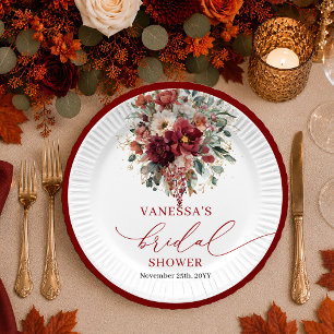 Fall Burgundy Gold boho floral bridal shower plate