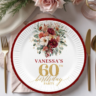 Fall Burgundy Gold Eucalyptus 60th Birthday Paper  Plate