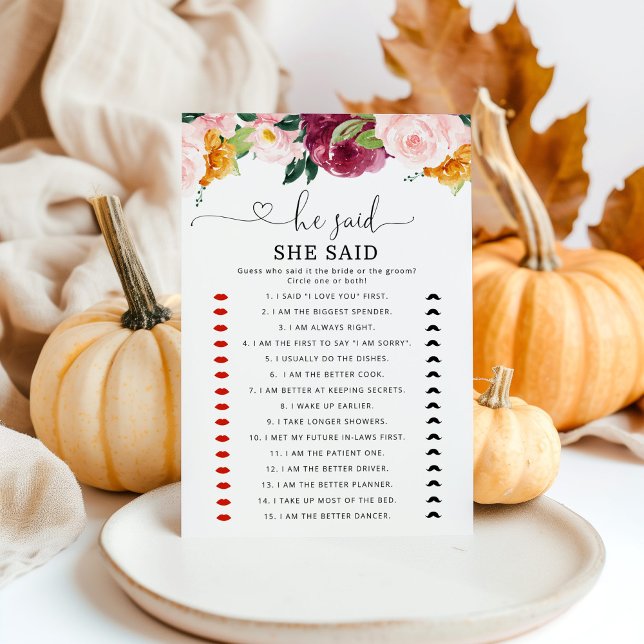 Fall burgundy He said she said bridal shower game (Creator Uploaded)