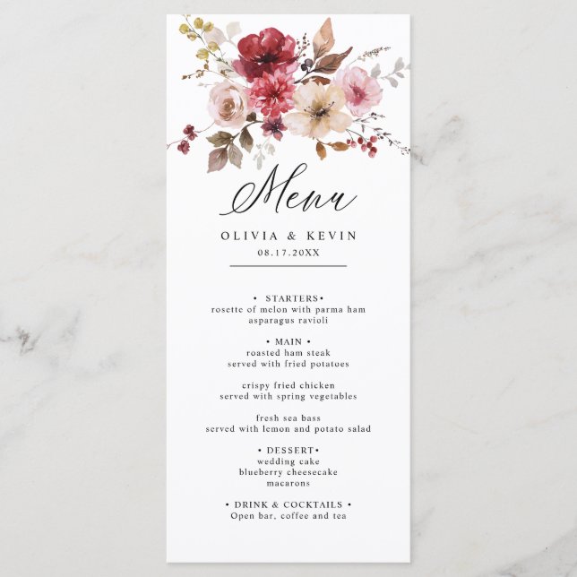 Fall Burgundy Maroon Pink Rustic Floral Wedding  Menu (Front)