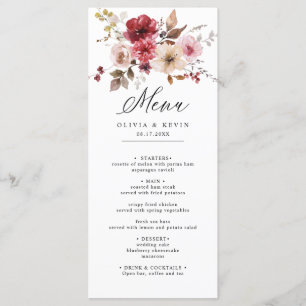 Fall Burgundy Maroon Pink Rustic Floral Wedding  Menu