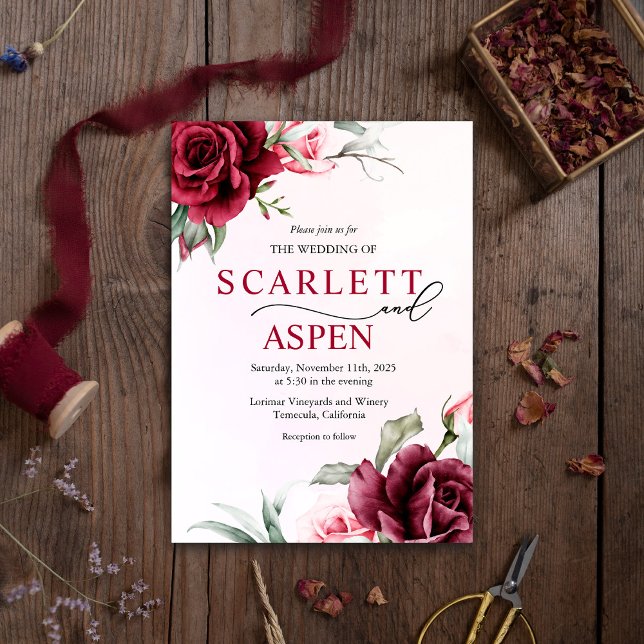 Fall Burgundy Merlot Floral Wedding Invitation (Creator Uploaded)