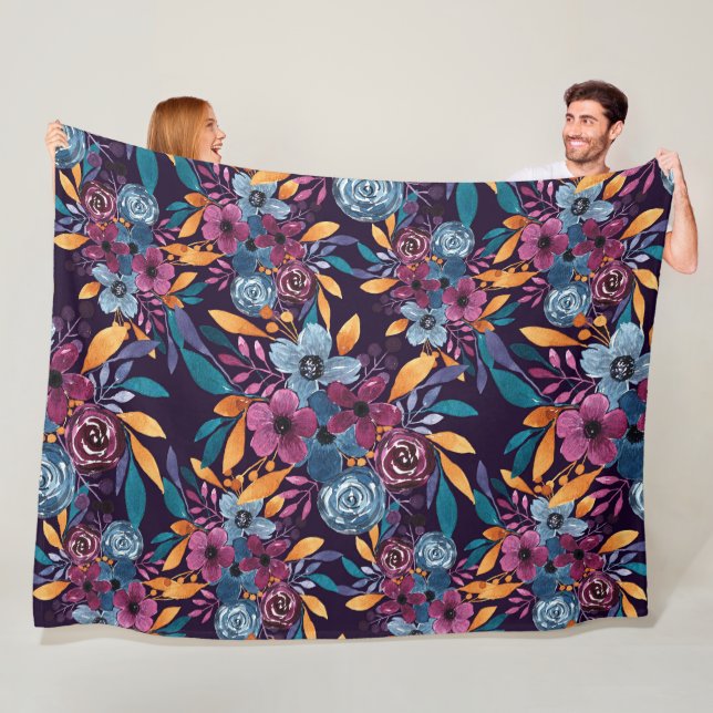 Fall Burgundy Navy Mustard Watercolor Flowers Art Fleece Blanket (In Situ)