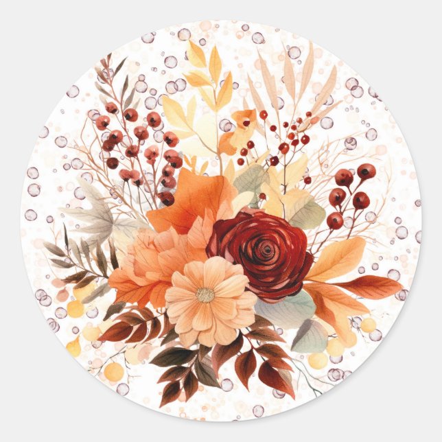 Fall Burgundy Orange Alcohol Ink Floral Wedding  Classic Round Sticker (Front)