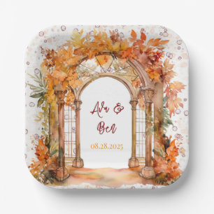 Fall Burgundy Orange Alcohol Ink Floral Wedding  Paper Plate