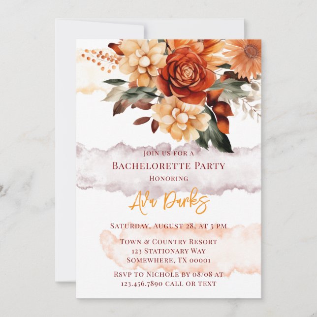 Fall Burgundy Orange Floral Bachelorette Party Invitation (Front)