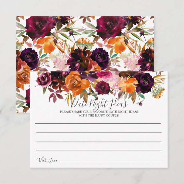 Fall Burgundy Orange Floral Date Night Ideas Card (Front/Back)