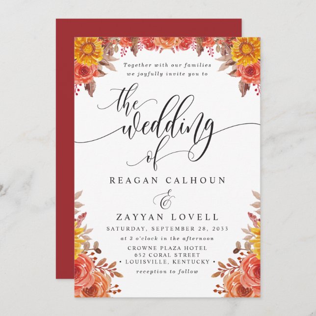 Fall Burgundy Terracotta Floral Wedding  Invitation (Front/Back)
