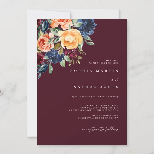 Fall Burgundy Watercolor Florals Wedding  Invitation (Front)