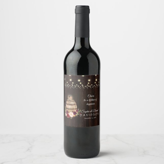 Fall Burgundy Wine Barrel Floral Barn Wedding Label (Front)