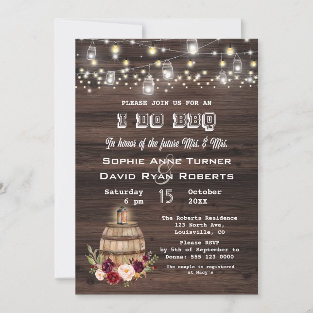 Fall Burgundy Wine Barrel Floral I DO BBQ Invitation (Front)
