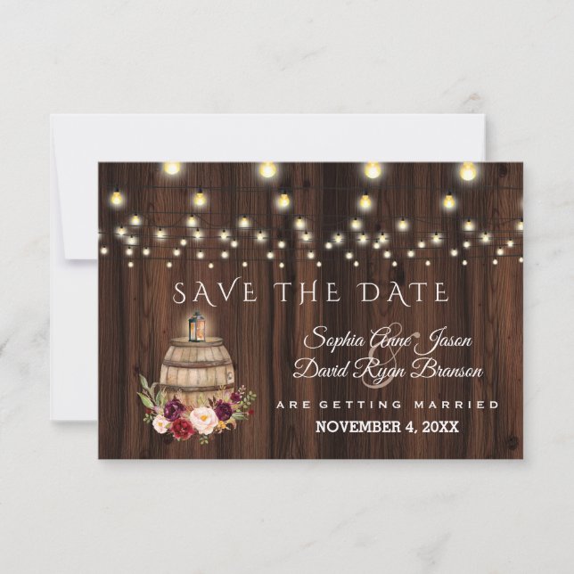 Fall Burgundy Wine Barrel Floral Save the Date (Front)