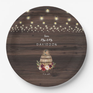 Fall Burgundy Wine Barrel Floral Wedding Paper Plate