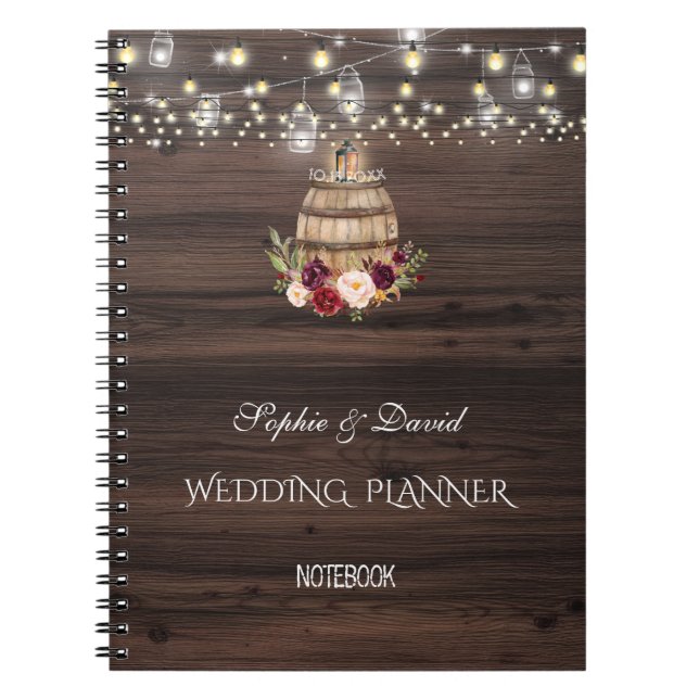 Fall Burgundy Wine Barrel Floral Wedding Planner Notebook (Front)