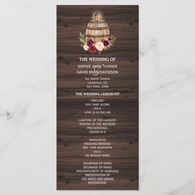 Fall Burgundy Wine Barrel Floral Wedding Program Programme (Front)