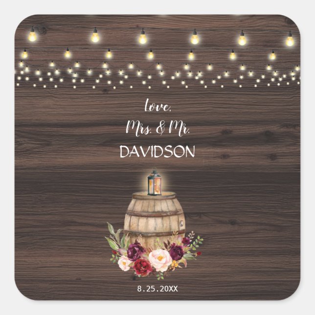 Fall Burgundy Wine Barrel Floral Wedding Square Sticker (Front)