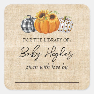 Fall Burlap Pumpkin Baby Shower Library Bookplate Square Sticker